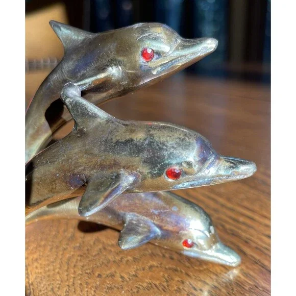 VTG Brass Swimming Jumping Three Dolphins Figurine Sculpture Statue 3.5” Marine - Picture 7 of 11